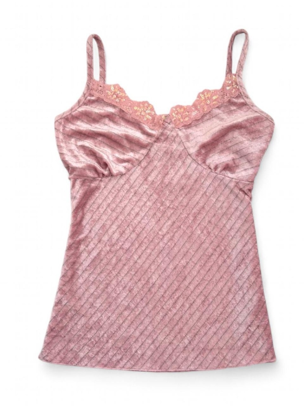 Y2K 2000s Fairycore Pink Velour Lace Trim & Beaded Cami Top by Suzy Shier